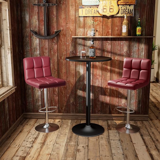 Homall Bar Stools Modern PU Leather Adjustable Swivel Barstools, Armless Hydraulic Kitchen Counter Bar Stool Extra Height Square Island Barstool with Back Set of 2 (Wine Red)