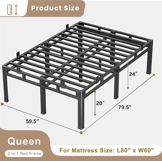 ROIL 24 Inch Queen Size Bed Frame, Metal Bed Frame & Box Spring 2 in 1 Platform with Round Corner Legs, 4000LBS Double Layer Bed Frame with Headboard Holes Mattress Baffles, Noise-Free Easy Assembly