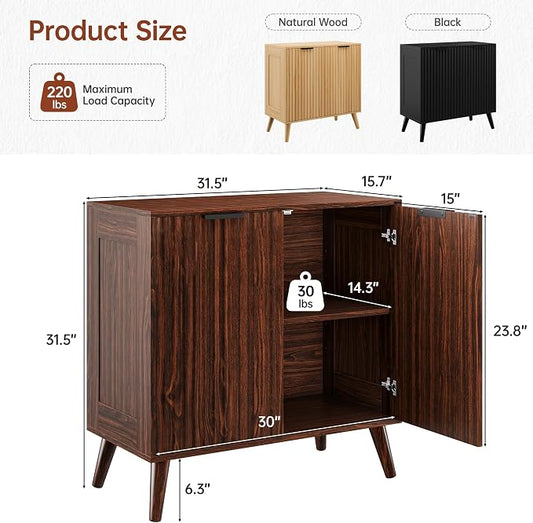 Set of 2 Fluted Sideboard Buffet Cabinet, 63" Mid Century Modern Storage Cabinet with Adjustable Shelves & 4 Doors, Accent Cabinet for Dining Room & Living Room, Walnut