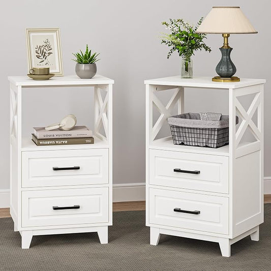 May in Color White Nightstand Set of 2, Tall Side Table, Farmhouse End Table with 2 Large Storage Drawers Cabinet, Wooden Rustic Bedside End Table for Bedroom, Home Office, White
