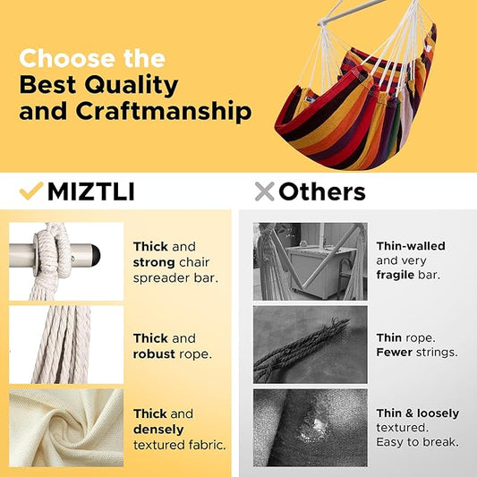 MIZTLI Hammock Chair Swing Indoor Hammock for Bedroom - Max 500 Lbs-Steel Spreader Bar with Anti-Slip Rings-Indoor & Outdoor