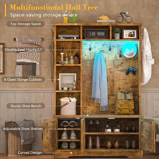 CSZZD Hall Tree with Bench and Shoe Storage, Farmhouse Entryway Bench with Coat Racks and Led Lights, Tall Hall Tree with 7 Coat Hooks, 6 Storage Cubbies, Adjustable Shelf, Rustic