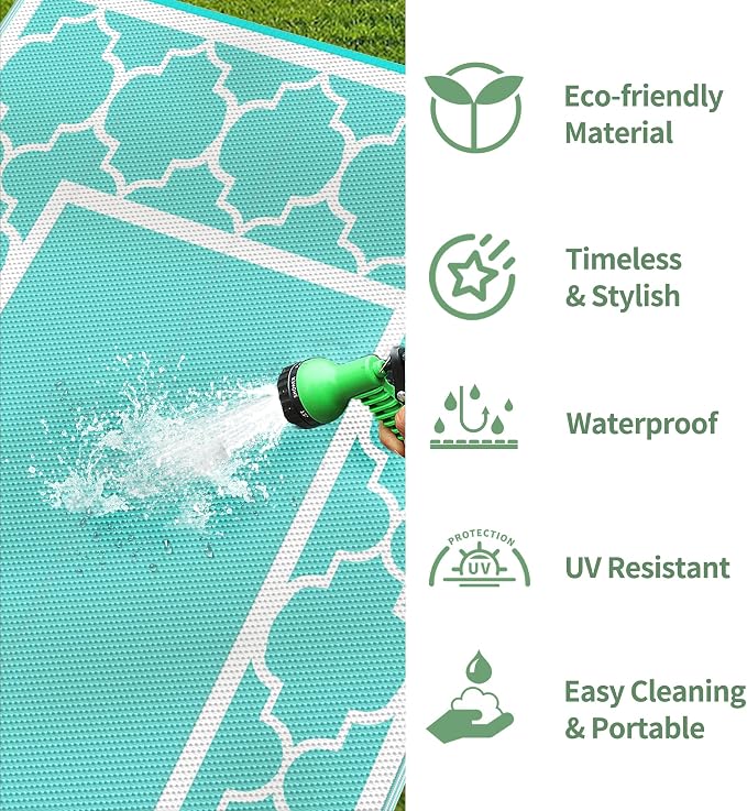 GENIMO 5 ' x 8 ' Outdoor Rug for Patio Clearance, Waterproof Indoor Outdoor Plastic Straw Rugs Carpet, Reversible Outside Area Mat for Camping, Balcony Porch, Deck, Picnic, Beach Aqua Blue & White