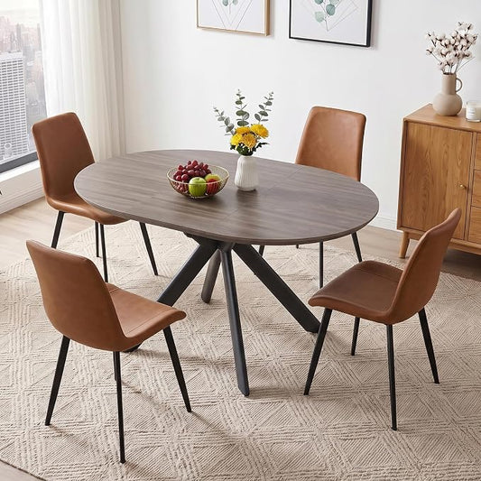 HIPIHOM 43.2"-59.1" Round Extendable Dining Table Set for 4 Metal Legs | Mid century modern oak finish, thickened MDF tabletop, scratch resistant, space saver, for 4-6 people
