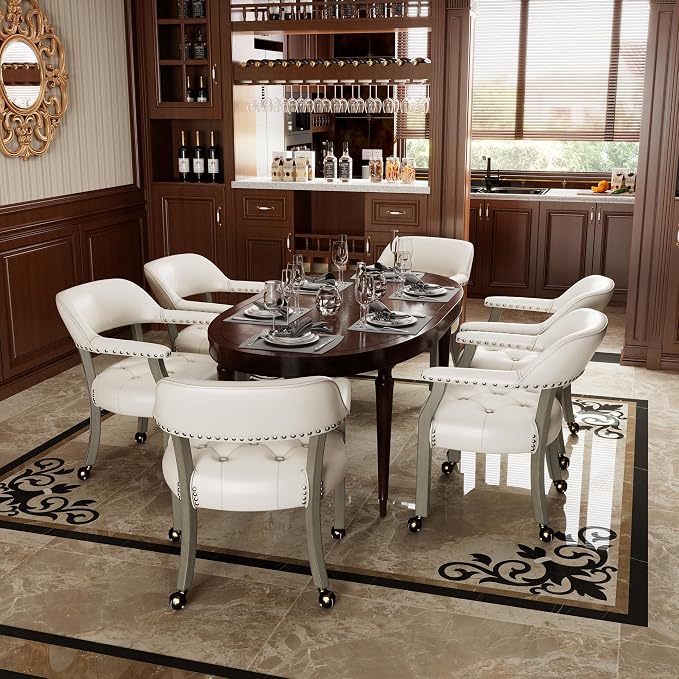 LEEMTORIG Set of 4 Large Dining Chairs with Casters and Arms, Rolling Dining Chairs with Wheels, Solid Wood Boss Caption's Chairs, 26" D x 25.2" W x 31.5" H, Grey Legs & Ivory SY-1318-WT