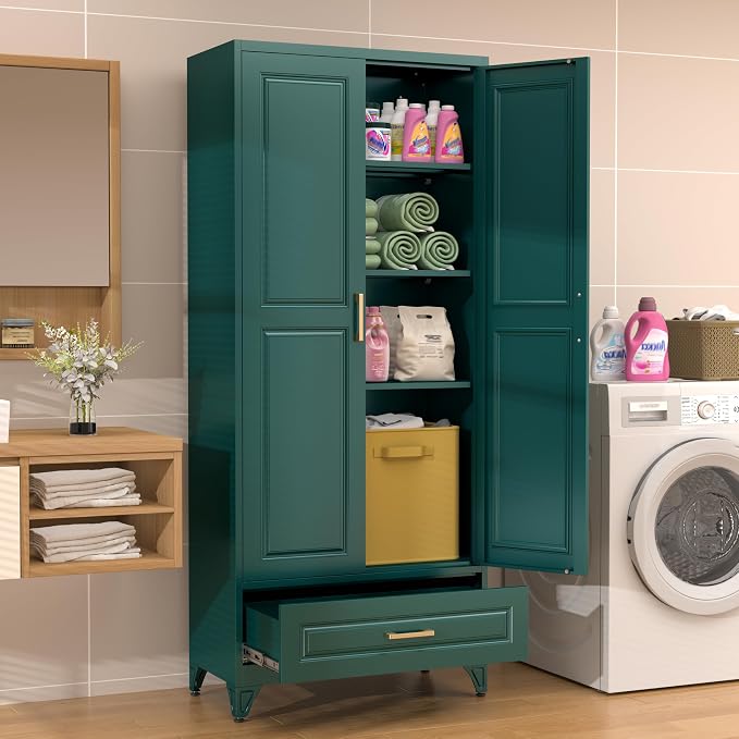 75” Kitchen Pantry Storage Cabinet,Metal Tall Storage Cabinet with Drawers and Adjustable Shelves,Modern Kitchen Hutch Cabinets,Freestanding Cupboard for Living Room,Green