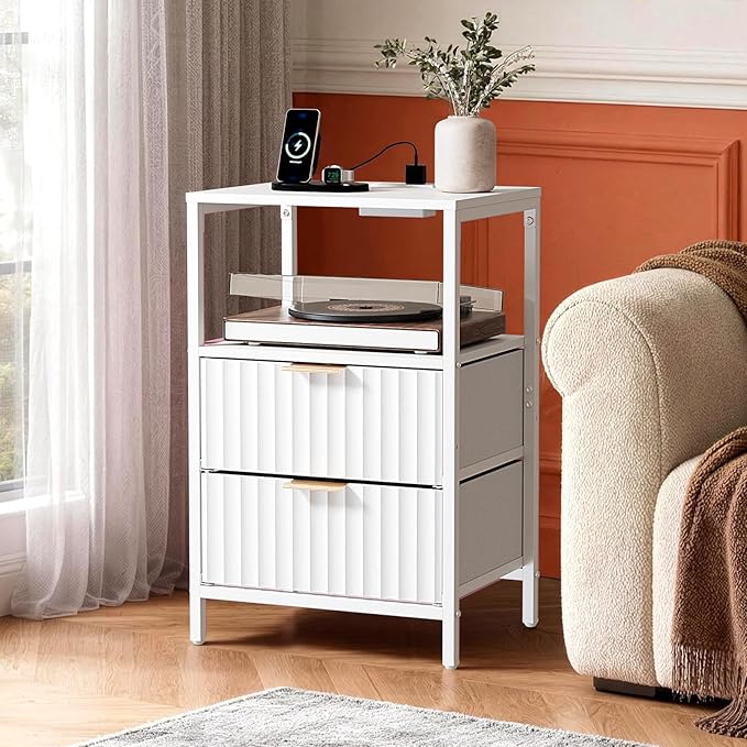 VINGLI White Nightstand with Charging Station and Fabric Drawers, Fluted Nightstand with Drawers, White Side Table/Night Stand with Charging Station for Bedroom, Dorm, 14.96" W*11.81" D*23.78" H