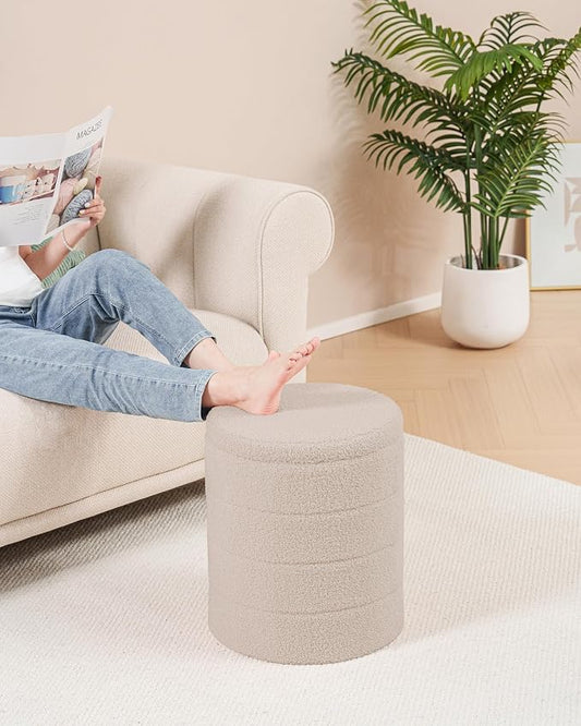 B FSOBEIIALEO Ottoman with Stroage, Round Sherpa Storage Ottoman Stool, Boucle Foot Rest 14.6"x14.6"x17.7"(Beige