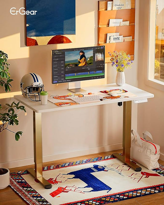 ErGear Height Adjustable Electric Standing Desk, 32 x 19 Inches Sit Stand up Desk, Memory Computer Home Office Desk, White+Gold