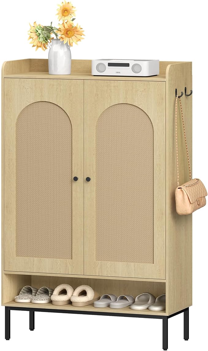 Hzuaneri Shoe Cabinet with Doors, 7-Tier Shoe Storage Cabinet with Adjustable Shelves, Wooden Shoes Organizer Cabinets with Top Storage Layer, 28-32 Pairs, for Entryway, Hallway, Rattan SR68702Y