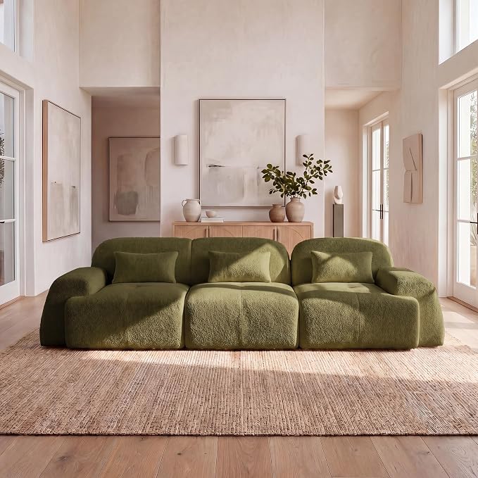 118'' Modular Sectional Cloud Couch Boneless Couches, Oversize Curved Sectional Couches for Living Room, Deep Seat Couch Lambswool Sofa with Ottoman & Throw Pillows, No Assembly, HR Foam