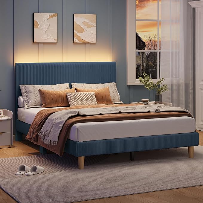 Bestier Full Bed Frame with Adjustable Headboard,LED Light,Blue | Vertical Channel Corduroy Upholstered,Easy Assembly,LED Lighting Headboard,No Squeaks,Wood Slats Support,No Box Spring Needed