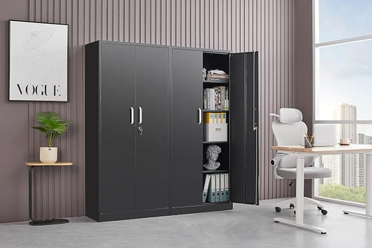 Approgreent Metal Storage Cabinet with Adjustable Shelves, Garage Cabinet with 2 Lockable Doors, Garage Storage Cabinet, Kitchen Pantry Cabinet - 71'H, Black