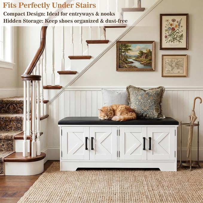 Farmhouse Shoe Storage Bench with Cushion - 43.3" Entryway Bench with Storage & 4 Barn Doors, 2-Tier Wooden Shoe Rack Bench, Hidden Shoe Cabinet & Mudroom Bench for Bedroom Hallway Living Room, White