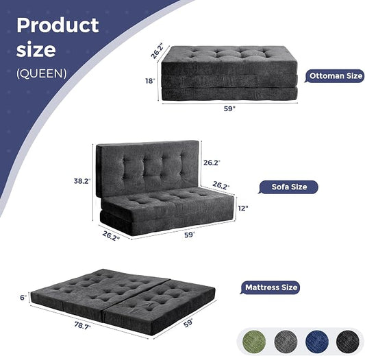 MAXYOYO 6" Folding Sofa Bed for Floor, Tufted Tri-Fold Floor Mattress with Chenille Fabric, Queen Size Portable Sofa Couch Guest Mat for Adults, Foldable Topper for Camping, Dark Grey, 59"x78.7"