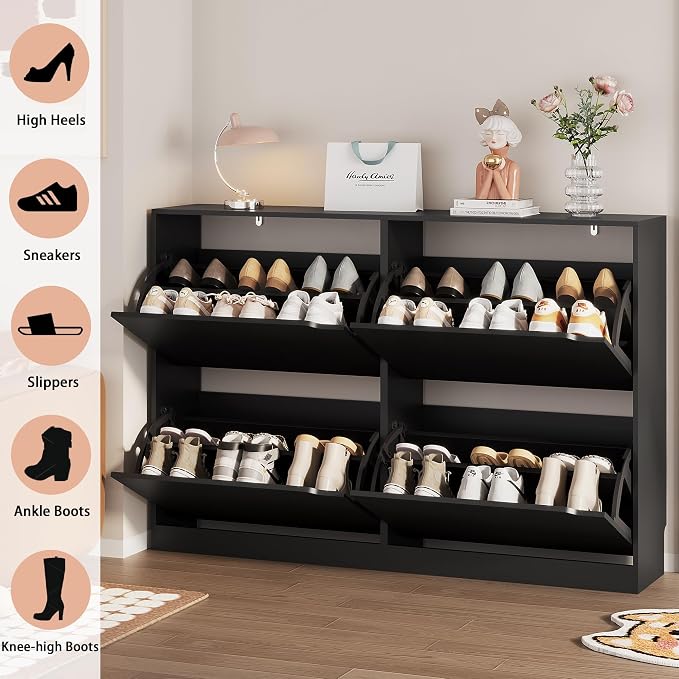 Shoe Storage Cabinet, Wood Shoe Organizer for Entryway with 3 Flip Drawers, Freestanding Shoe Rack with Adjustable Shelf, Narrow Shoe Dresser for Front Door Entrance (Black, 4 Drawers)