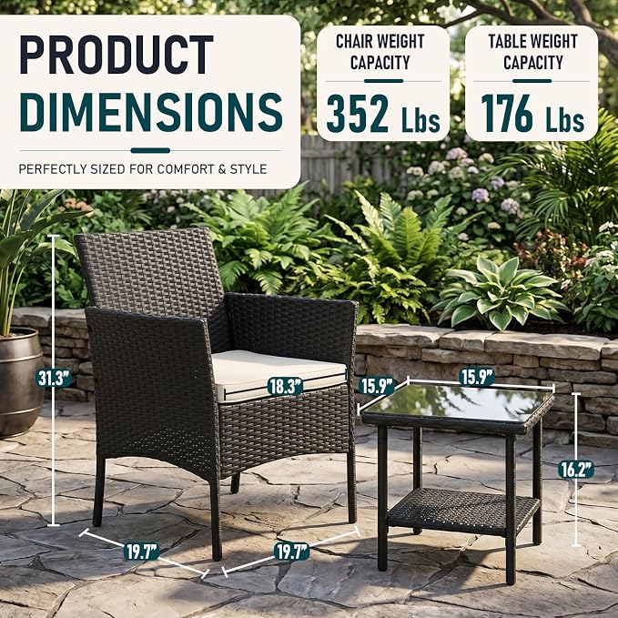 FDW Wicker Outdoor Furniture Patio Furniture Set of 3 Rattan Patio Chairs Outdoor Chairs Patio Conversation Set with Coffee Table for Yard Backyard Lawn Porch Poolside Balcony,Black
