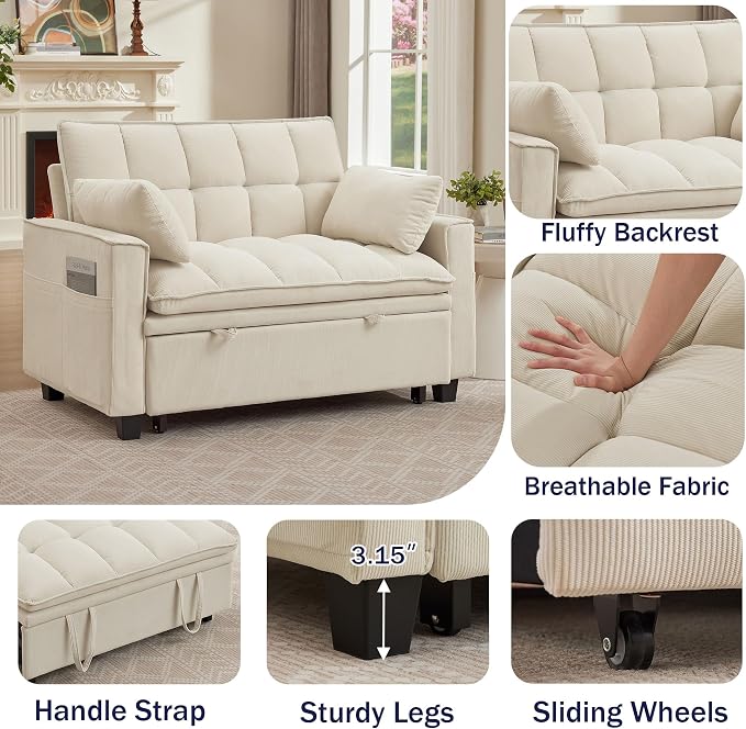Sleeper Sofa with Pull Out Couch Bed, 48" Convertible Pull-Out Sofa Bed Chair, 3-in-1 Futon Couch with Reclining Backrest and Side Pockets for Living Room Bedroom Apartment, Beige