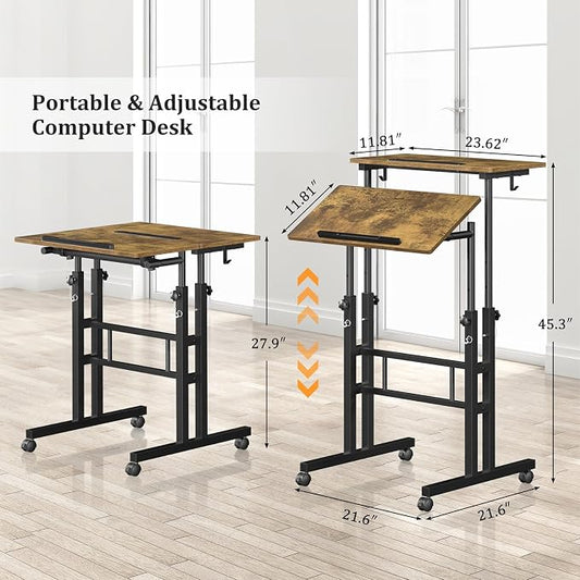 Enayplon Small Standing Desk with Wheels, Mobile Stand Up Desk, Portable Standing Table on Wheels for Walking Pad, Rolling Computer Desk Adjustable Height, Tall Table