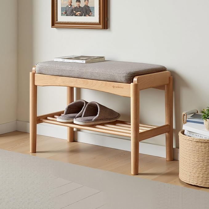 Solid Wood Shoe Bench Assembled, Shoe Rack Bench with Gray Cushion for Entryway, Living Room, Bedroom, Hallway, 11.8" x 23.6" x 16.5", Natural