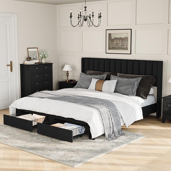 GAOMON King Size Upholstered Platform Bed Frame with 2 Under-Bed Storage Drawers, Velvet Wingback Headboard, No Box Spring Needed, Sturdy & Noise-Free, Black