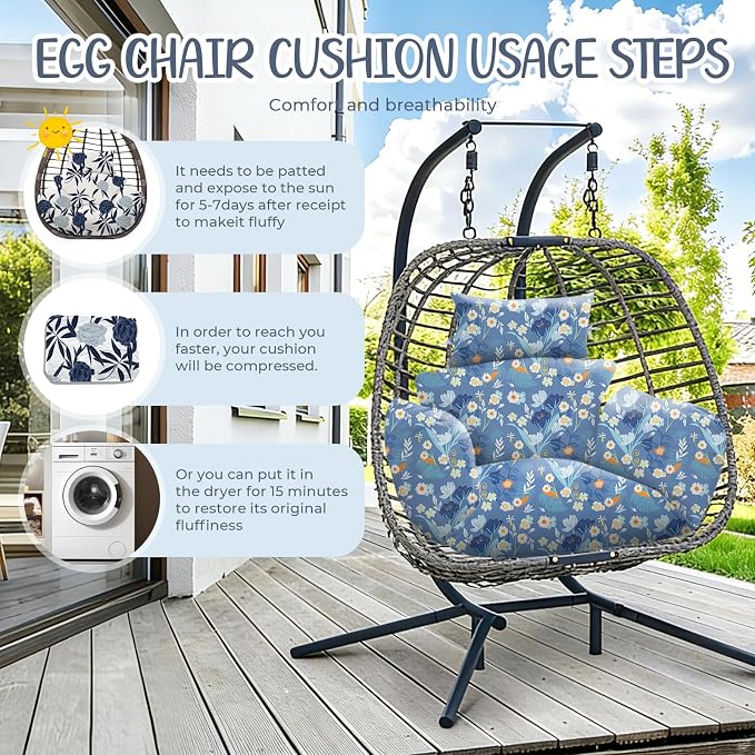 Waterproof Egg Chair Cushion Replacement 47x31.5x4.7 inch Thicken Hanging Egg Swing Chair Cushion Indoor Outdoor Wicker Rattan Hammock Basket Cushion with Headrest Pillow, Blue Peony