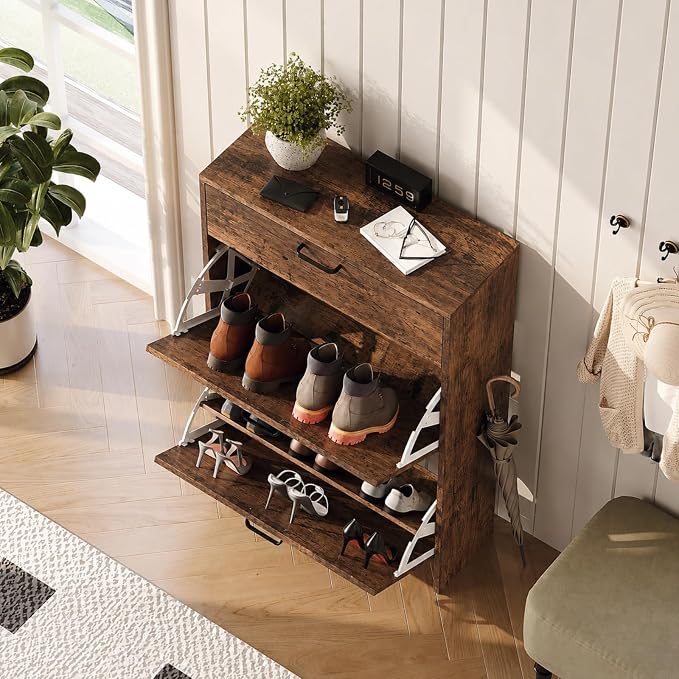 VINGLI Set of 2 Distressed Wood Shoe Cabinet for Entryway, 2-Pack Ultra Slim Shoe Organizer with 2 Flip & 1 Drop-Down Drawers, 24.8" W Narrow Shoe Cabinet, Rustic Brown Wood Shoes Rack for Hallway