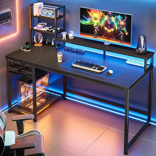 44 Inch Gaming Desk with Hutch and Drawers,Reversible Computer Desk with Monitor Shelf,Home Office Desks with USB Power Outlets and Storage,Pc Small Gaming Desk for Office with LED Lights,Black