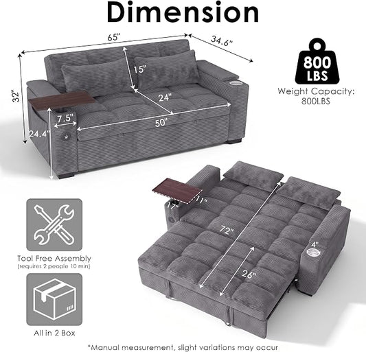 65'' Sleeper Sofa Bed, Pull Out Couch with 360° Swivel Side Table | USB Port | Cup Holder | Adjustable Backrest, Loveseat Corduroy Fabric for Living Room, Apartment, Office (Darkgray)