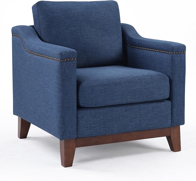 HAOMARKETS Vintage Upholstered Armchair with Nailhead Trim and Solid Wood Legs, Comfortable Accent Chair for Living Room & Bedroom, Blue