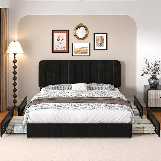 VECELO Full Size Upholstered Bed Frame with 4 Drawers and Headboard, Velvet Platform Storage Bedframe, Wooden Slats Support, No Box Spring Needed,Black