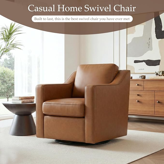 Faux Leather Swivel Accent Chair, 360° Swivel Upholstered Club Armchairs for Living Room, Comfy Single Sofa Reading Chair with Deep Seat, Metal Swivel Base, Brown