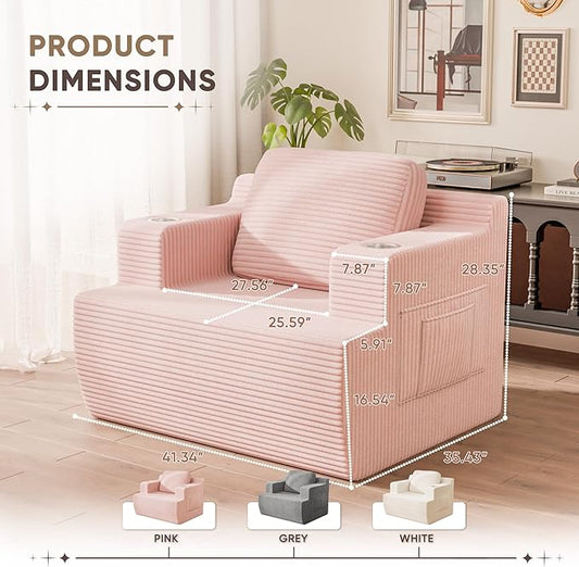 Homall 42” Single Sofa Foam Couch for Small Spaces Upholstered Floor Sofa with Cup Holder & Storage Pocket Boneless Couch for Bedroom Living Room (Pink, Single)