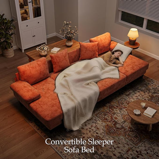 Txtin's Sleeper Sofa with Pull Out Couch Bed | 112 Inch Couches for Living Room | U-Shaped Convertible Sofa Bed | Chenille Orange