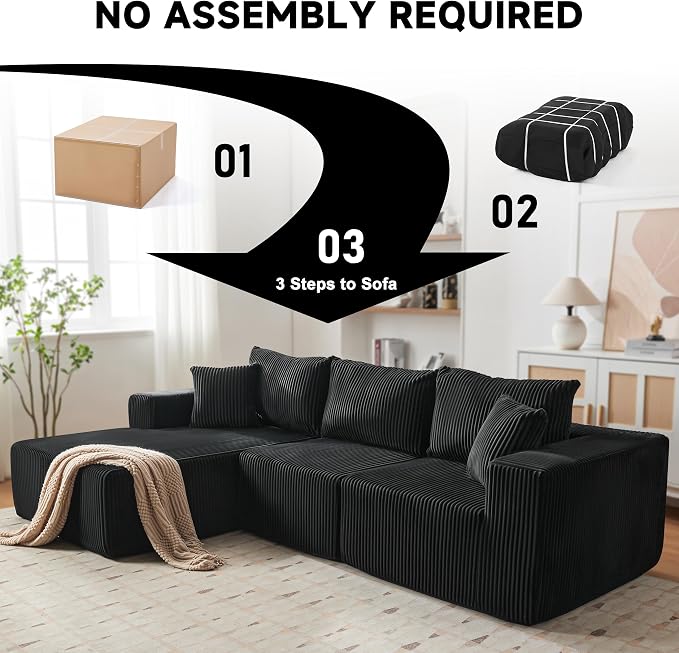 108” Modular Sectional Sofa, Cloud Sectional Couch with Deep Seat, Upholstered Boneless Couches for Living Room Bedroom, Modern Modular L-Shape Sofa Couch with Chaise (Left Facing Chaise, Black)