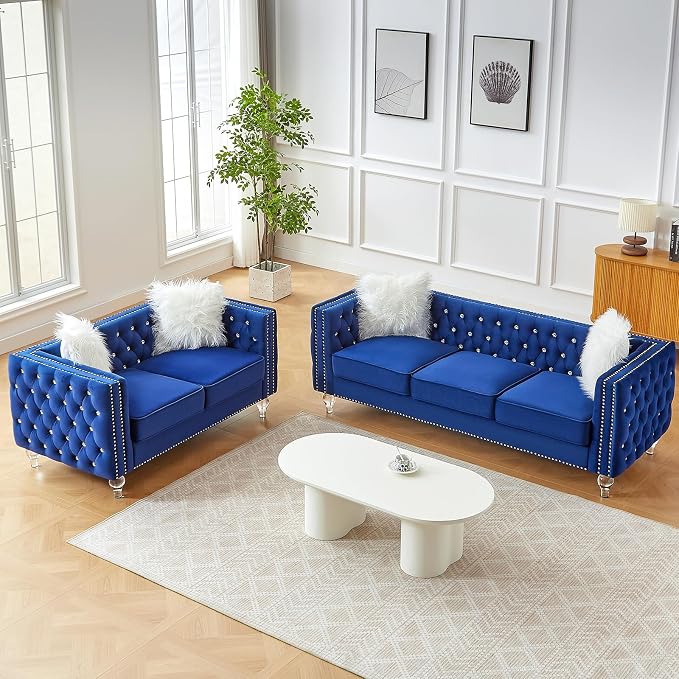 83" Chesterfield Sofa, Velvet Mid-Century Modern Upholstered Couch with 2 Throw Pillows and Acrylic Legs, Nailhead Button Tufted Vintage Sofa for Living Room, Apartment, Office, Blue