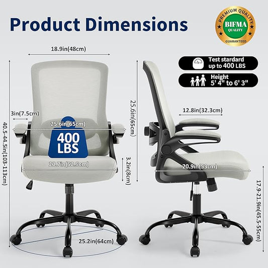 Ergonomic Office Chair, Desk Chair with Adjustable Lumbar Support, Breathable Mesh Comfy Computer Chairs with Flip-up Armrests Executive Task Chair for Adults Home Office (Dark Gray)