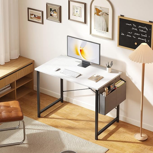 OLIXIS Small Computer Desk, 31 Inch Home Office Desks, Writing Study Craft Work Gaming Table, Computer Workstation for Bedroom Small Spaces with Storage Bag, White