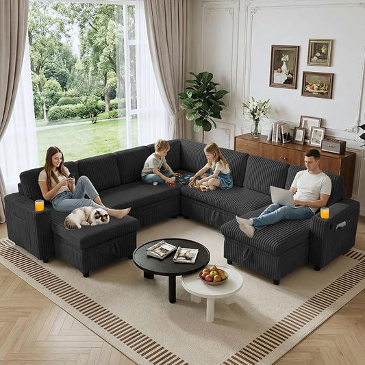 Modular Sectional Sleeper Sofa with Pull Out Bed, Plush Corduroy L Shaped Couch with Storage Chaise, USB Ports, Cup Holders, Comfy Cloud Couches for Living Room, Black