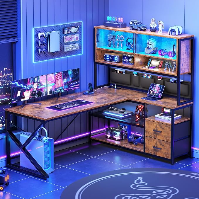 SEDETA L Shaped Computer Desk, Home Office Desk with 2 Drawer and Bookshelf, L Shaped Gaming Desk with LED Light, Glass Cabinet and Storage Bag, Corner Desk with Storage Shelves, Rustic Brown