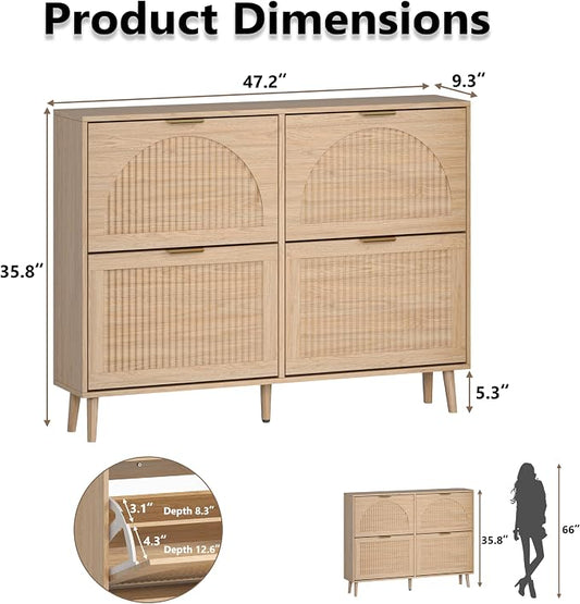 BORNOON Shoe Cabinet for Entryway with 4 Flip Drawers, Slim Wooden Shoe Storage Organizer with Modern Fluted Pannel,Freestanding Narrow Hidden Shoe Rack for Hallway, Foyer, Living Room