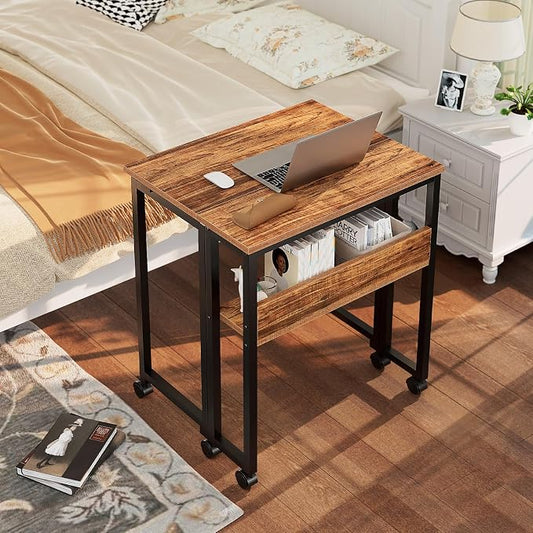 GreenForest Folding Desk with Wheels, 31.5 Inch Compact Rolling Computer Table with Storage Shelf, Portable Mobile Workstation for Small Spaces, Easy Assembly, Walnut
