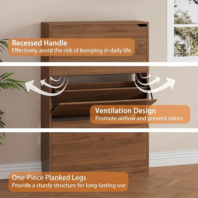Shoe Storage Cabinet, Wood Shoe Organizer for Entryway with 3 Flip Drawers, Freestanding Shoe Rack with Adjustable Shelf, Narrow Shoe Dresser for Front Door Entrance (Walnut, Standard 3 Drawers)