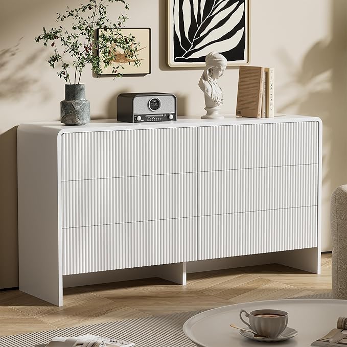 Furniway Bedroom Dresser Set 3 Piece, 6 Drawer Curved Dresser with 2 Nightstands, Modern Fluted Wood Storage Cabinet, White Chest of Drawers with Pop-Up Design, White