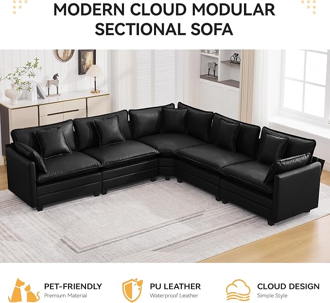 137'' V Shaped Cloud Sectional Sofa, Oversized Deep Seat Leather Couches for Living Room, Comfy Upholstered Modular Sectional Sofa Couch, Leather Black