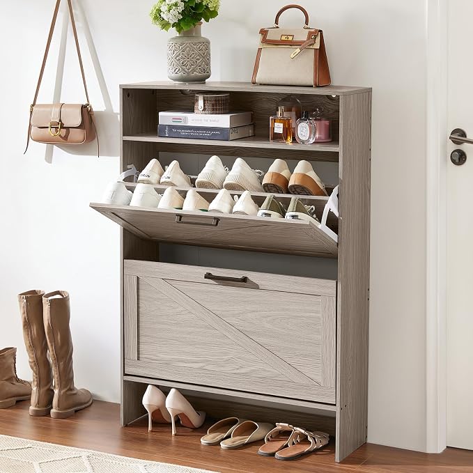 RWYHG Shoe Cabinet Storage for Entryway with 2 Flip Drawers Open Storage Layer Rack Narrow Organizer Slim Hidden Wood Shoe Cabinet Furniture Grey