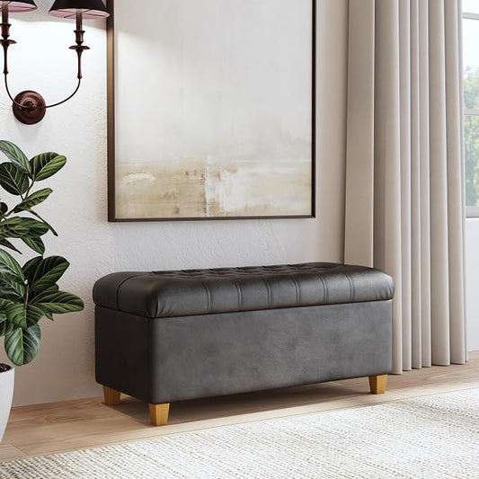 HomePop 40" Button Tufted Storage Bench - Black Faux Leather