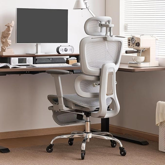 Office Chair with Footrest, Ergonomic Chair with Neck Pillow & Rubber Wheels, Computer Chair with Adjustable Backrest & 3D Armrests Headrest, Gaming Chair Adaptive Lumbar Support, Grey
