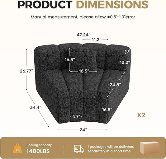 Nebuaegis 2PCS 1/8 Round Curved Sofa, 2 Seater Modular Velvet Couch, Modern Boneless Sectional Couches for Living Room, No Assembly Required, Black