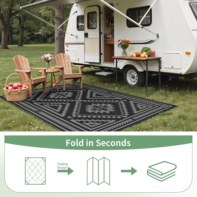 GENIMO Outdoor Rug for Patio Clearance - 8x10 ft Waterproof Plastic Camping Rugs, Reversible Outside Rv Mat Carpet for Porch, Deck, Picnic, Balcony, Beach, Backyard, Black Grey